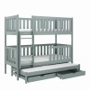 Graues Etagenbett aus Holz mit ausziehbarem Gästebett und Schubladen.