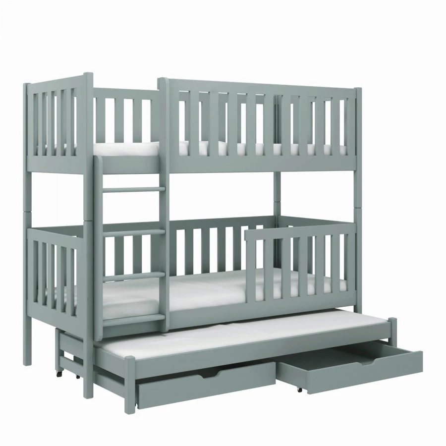 Graues Etagenbett aus Holz mit Ausziehbett und praktischen Schubladen.