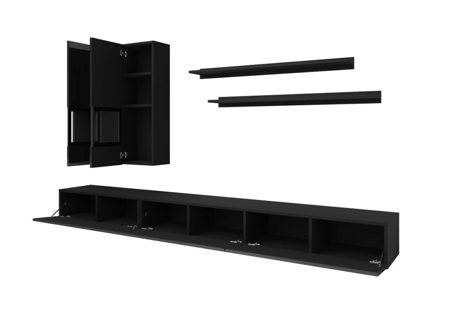 Moderne schwarze Wohnwand mit offenen Türen, TV-Board und Wandregalen für das Wohnzimmer.