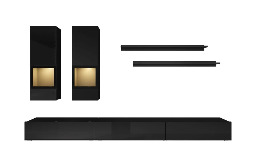 Schwarzes Wohnwand-Set: Lowboard, zwei Hängevitrinen mit LED-Beleuchtung und Wandregale.