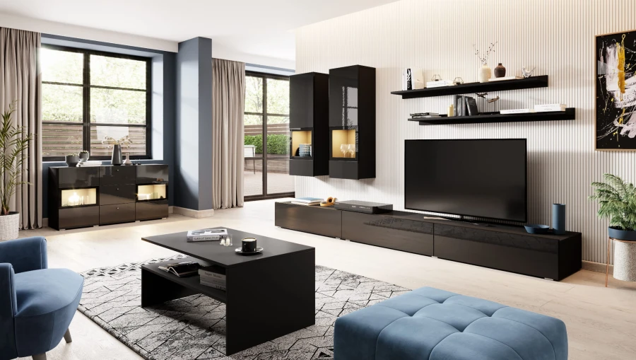 Komplettes Wohnzimmermöbel-Set in Schwarz mit Wohnwand, Sideboard und Couchtisch.