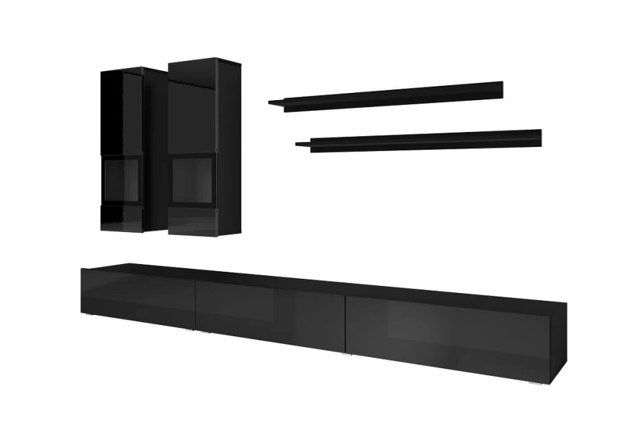 Schwarzes TV-Möbel-Set bestehend aus Lowboard, Hängeschränken und Regalen