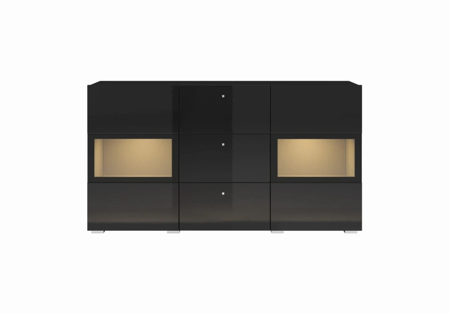 Schwarzes Highboard mit Glasvitrinen und stimmungsvoller Beleuchtung