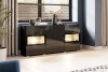 Modernes Sideboard in Schwarz Hochglanz mit LED-Beleuchtung und Glaseinsätzen.