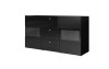 Schwarzes Highboard Hochglanz mit Glasvitrine vor weißem Hintergrund.
