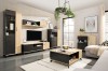 Modernes Wohnzimmer-Set in Eiche-Optik und Schwarz mit TV-Lowboard, Vitrine und Couchtisch.