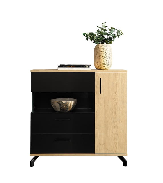 Modernes Sideboard in Eiche-Optik und Schwarz mit Schubladen und Tür für das Wohnzimmer