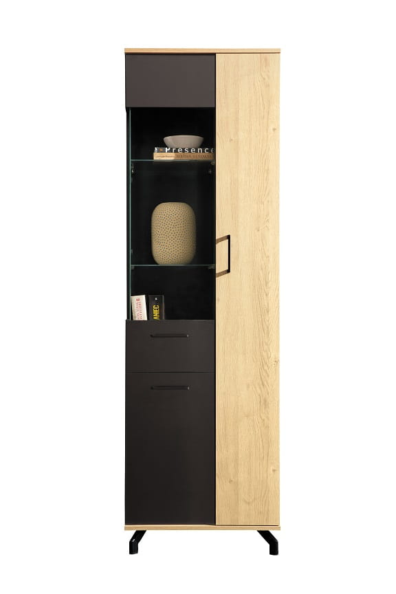 Hohe Vitrine in Schwarz und Eiche-Optik mit Glaseinsatz für Geschirr oder Deko