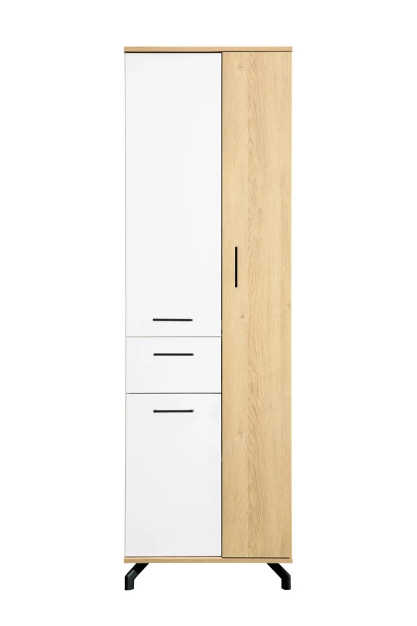Hoher Wohnzimmerschrank in Weiß und Eiche mit schwarzen Metallfüßen