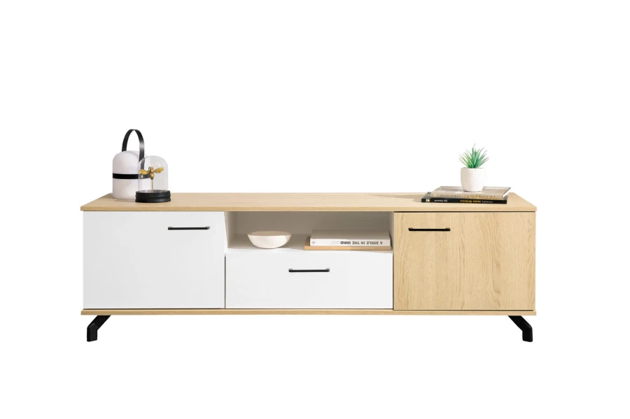 TV-Lowboard in Weiß und Eiche-Optik mit praktischen Schubladen.