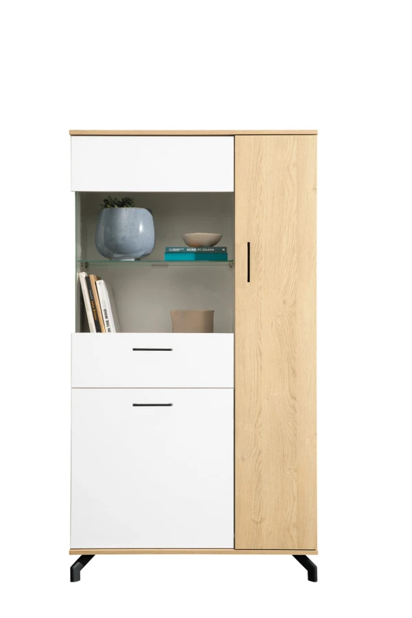 Breites Highboard in Weiß und Eiche-Nachbildung mit Glaseinsatz.