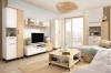Modernes Wohnzimmer-Set in Weiß und Eiche-Optik für ein helles Ambiente.