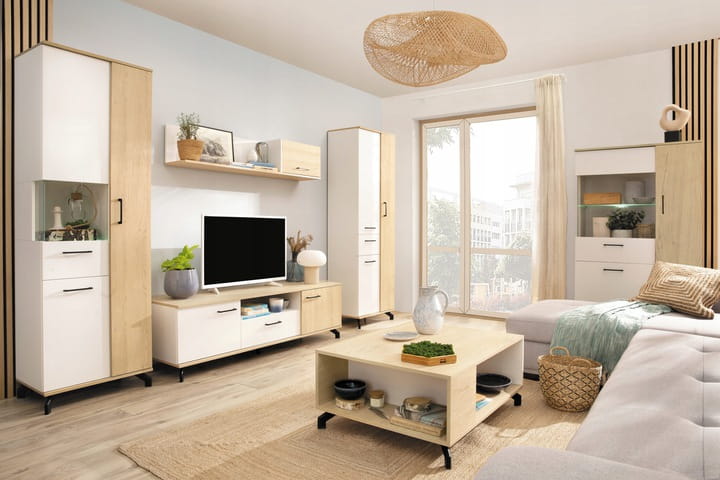 Modernes Wohnzimmer-Set in Weiß und Eiche-Optik für ein helles Ambiente.