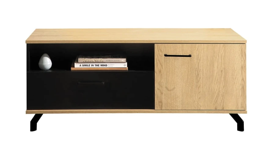 TV-Board in Eiche-Optik und Schwarz mit Schublade und Tür für das Wohnzimmer.