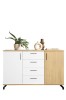 Sideboard in Weiß und Eiche-Optik mit vier Schubladen und zwei Türen.