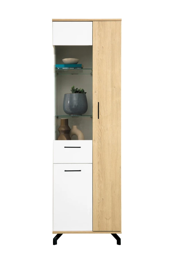 Schmale Vitrine in Weiß und Eiche mit Glaselementen und schwarzen Füßen.