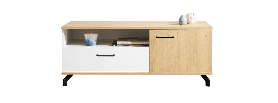 Modernes Lowboard in Eiche-Optik und Weiß mit schwarzen Metallfüßen für das Wohnzimmer.