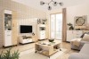 Komplettes Wohnzimmer-Möbelset in Eiche-Optik und Weiß mit TV-Board, Couchtisch und Schränken.