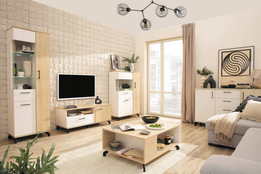Komplettes Wohnzimmer-Möbelset in Eiche-Optik und Weiß mit TV-Board, Couchtisch und Schränken.