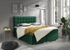 Dunkelgrünes Boxspringbett mit Samtbezug und gelben Akzenten im modernen Schlafzimmer.