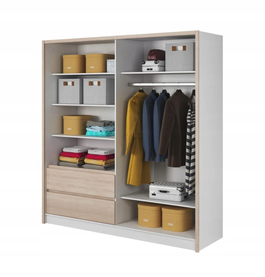 Innenansicht Kleiderschrank mit Regalen, Kleiderstange und Schubladen für optimale Organisation.