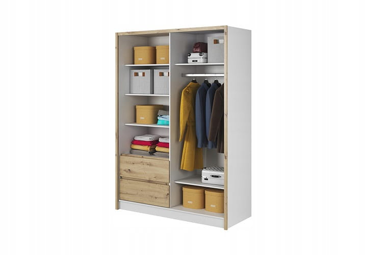 Offener Kleiderschrank mit Kleiderstange, Ablagefächern und Schubfächern in Eiche-Dekor.