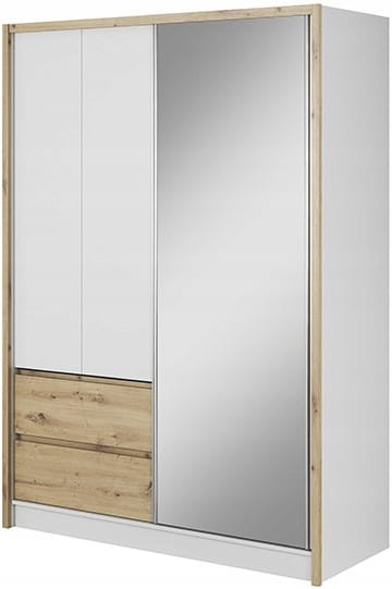 Kombischrank in Weiß und Eiche mit großer Spiegelfläche und zwei Außenschubladen.