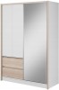Moderner Kleiderschrank mit weißer Front, Spiegeltür und Holz-Schubladen für das Schlafzimmer.