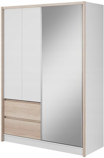 Moderner Kleiderschrank mit weißer Front, Spiegeltür und Holz-Schubladen für das Schlafzimmer.