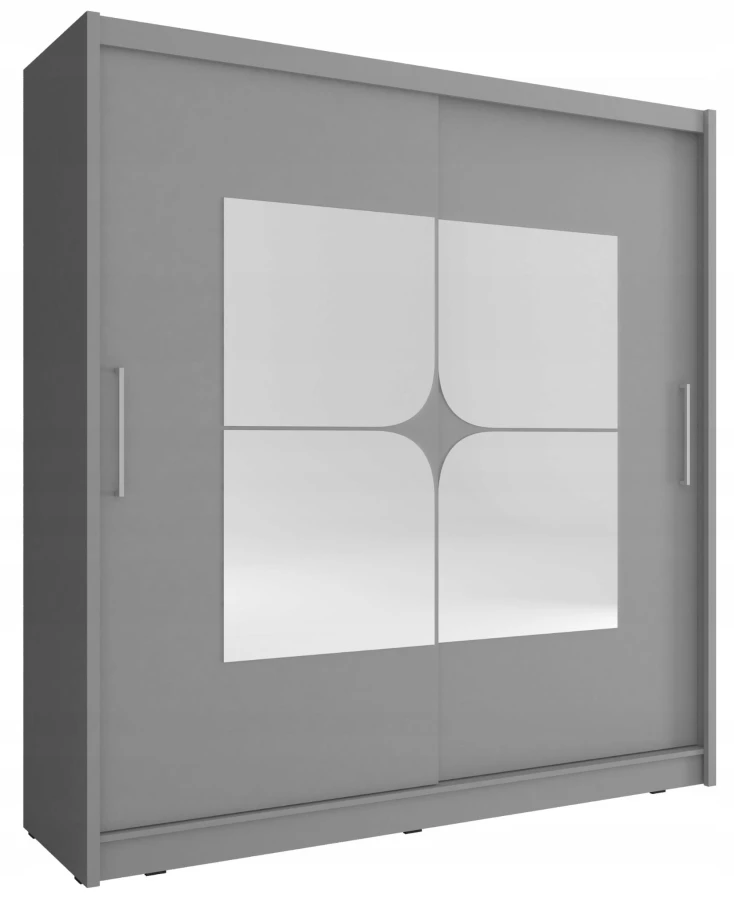 Grauer Schwebetürenschrank mit zentralem, quadratischem Spiegelelement.