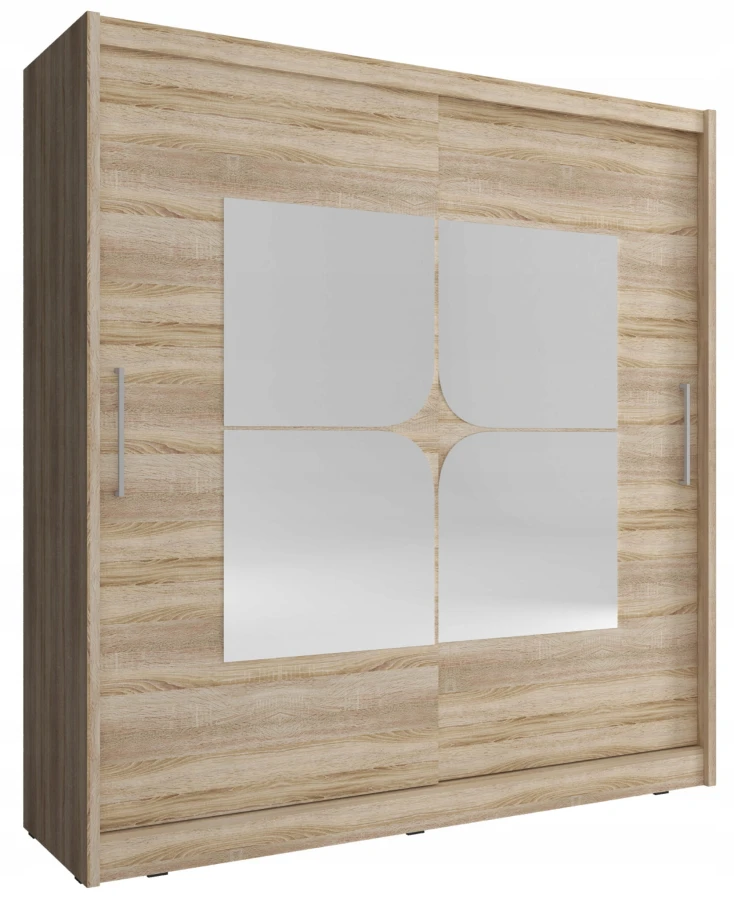 Schwebetürenschrank in heller Eichenoptik mit modernem Spiegel-Design.
