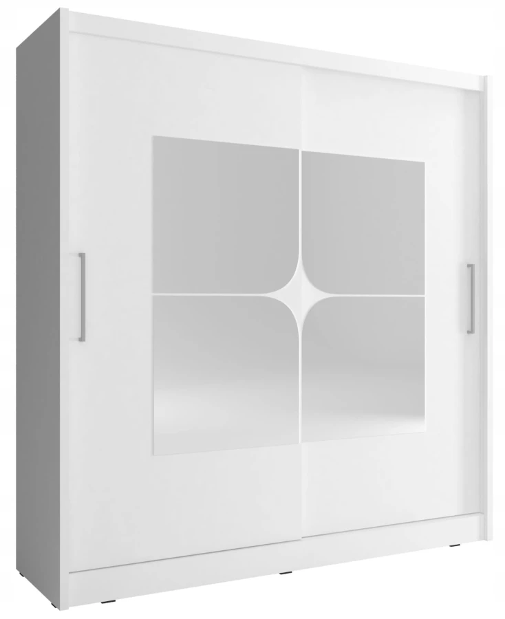 Stilvoller weißer Schwebetürenschrank mit vierteiligem Spiegelelement.