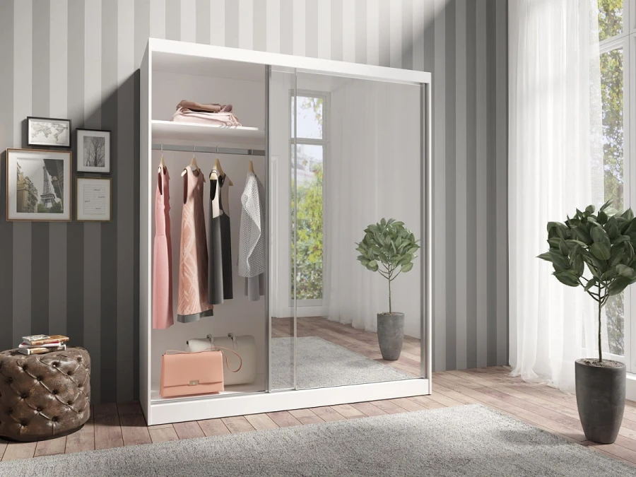 Eleganter weißer Schlafzimmerschrank mit Spiegel und großzügigem Stauraum für Mode.