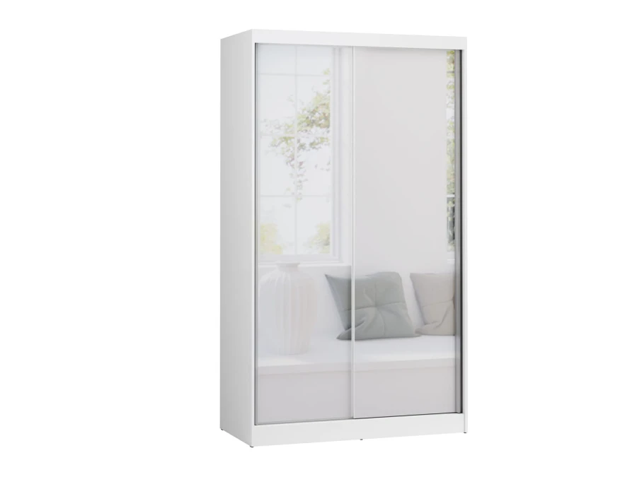 Weißer Schwebetürenschrank mit zwei vollflächigen Spiegeltüren auf weißem Hintergrund.