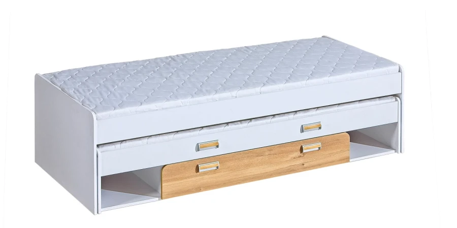 Weißes Funktionsbett mit zweiter Liegefläche und Schubladen in Eiche-Nachbildung.