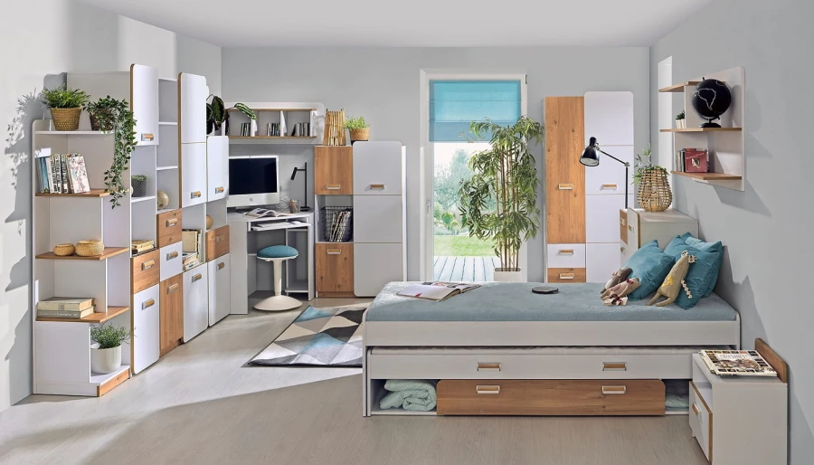 Modernes Jugendzimmer-Komplettset in Weiß und Eiche mit Bett, Schreibtisch und Stauraum.