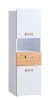 Mittelhoher Badschrank in Weiß und Eiche mit Tür und offenem Fach.