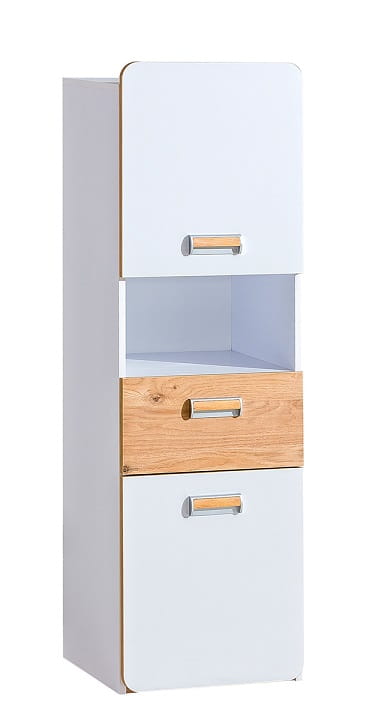 Mittelhoher Badschrank in Weiß und Eiche mit Tür und offenem Fach.