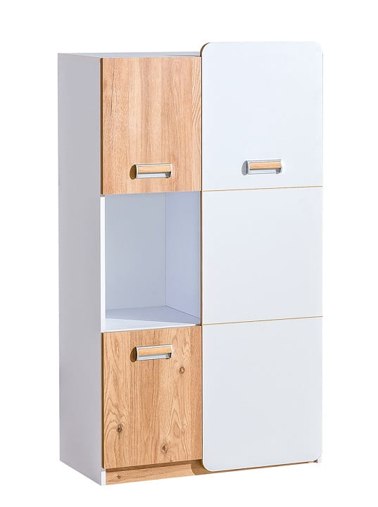 Großer Mehrzweckschrank in Weiß und Eiche mit Türen und Regalfach.