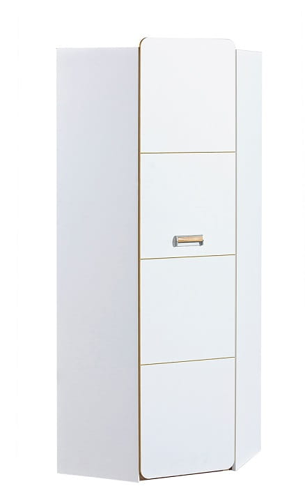 Hoher Eckschrank in Weiß und Eiche für platzsparende Aufbewahrung im Jugendzimmer.