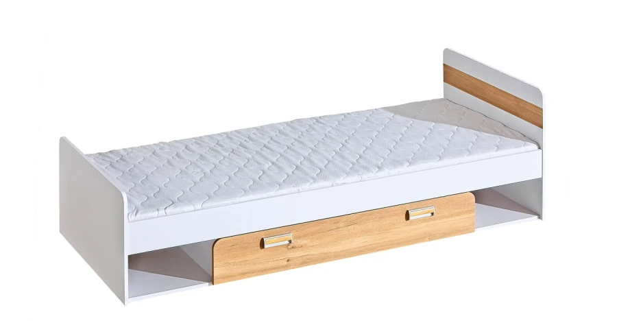 Einzelbett für Kinder und Jugendliche in Weiß mit ausziehbarer Schublade in Eiche.