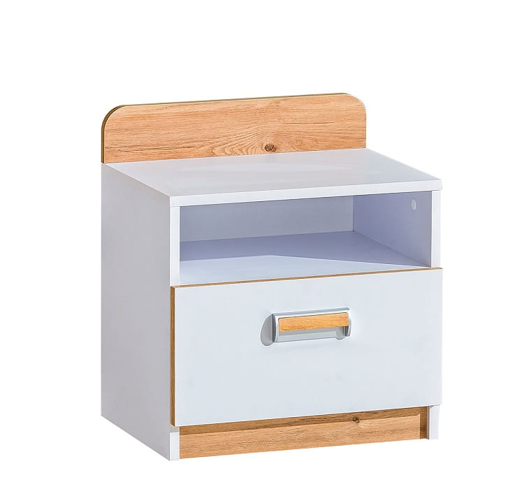 Nachtschrank in Weiß und Eiche Optik mit einer Schublade und offenem Fach für das Schlafzimmer.