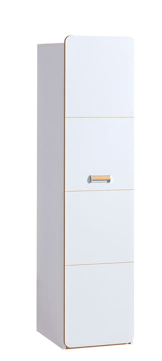 Moderner Hochschrank in Weiß mit Griff in Holzoptik, hoher Stauraumschrank für Kinderzimmer.