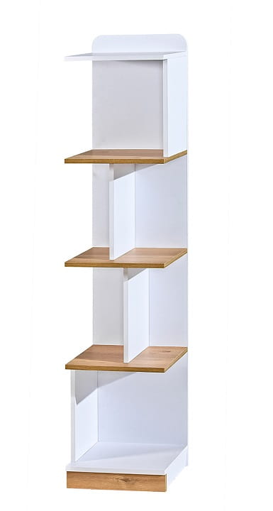 Offenes Standregal in Weiß und Holz für das Kinderzimmer.