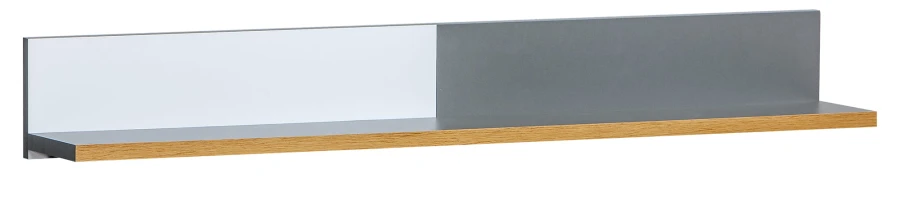 Schlichtes Wandboard in Grau und Weiß mit Ablagefläche in Eiche-Nachbildung.