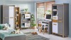 Modernes Kinderzimmer-Set in Grau, Weiß und Eiche-Optik mit Bett, Schreibtisch und Kleiderschränken.