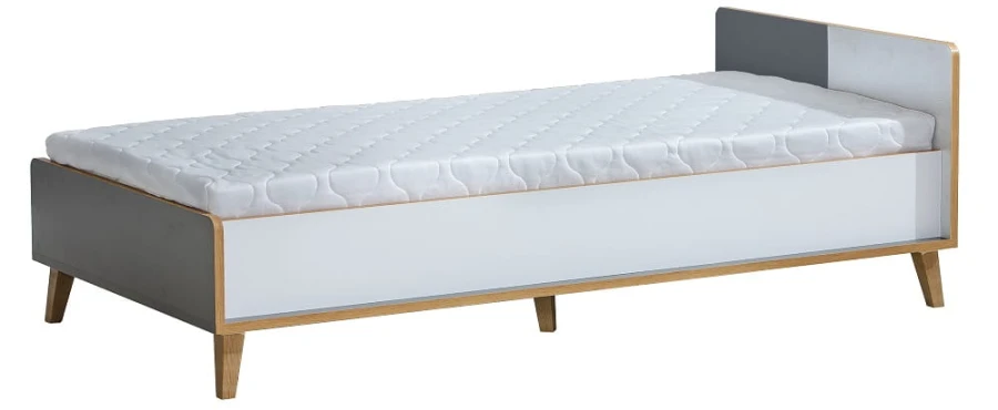 Stilvolles Jugendbett in Weiß und Grau mit schrägen Holzfüßen inklusive Matratze.