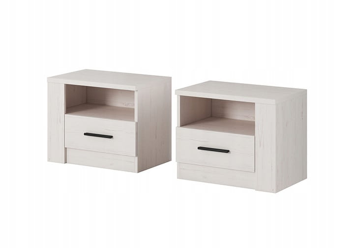Set aus zwei modernen Nachttischen in Weiß-Kiefer mit Schublade und schwarzem Griff.