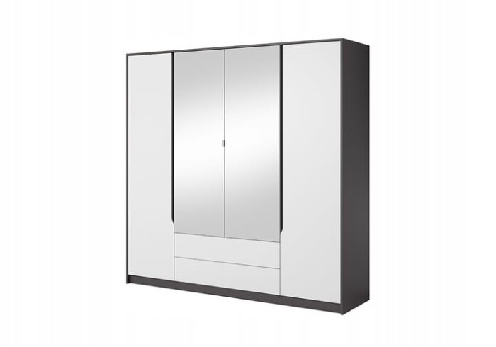 Weißer Kleiderschrank mit zwei Spiegeltüren und praktischen Schubladen.