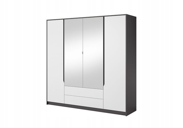 Großer viertüriger Kleiderschrank mit Spiegeln und Schubladen in Anthrazit.